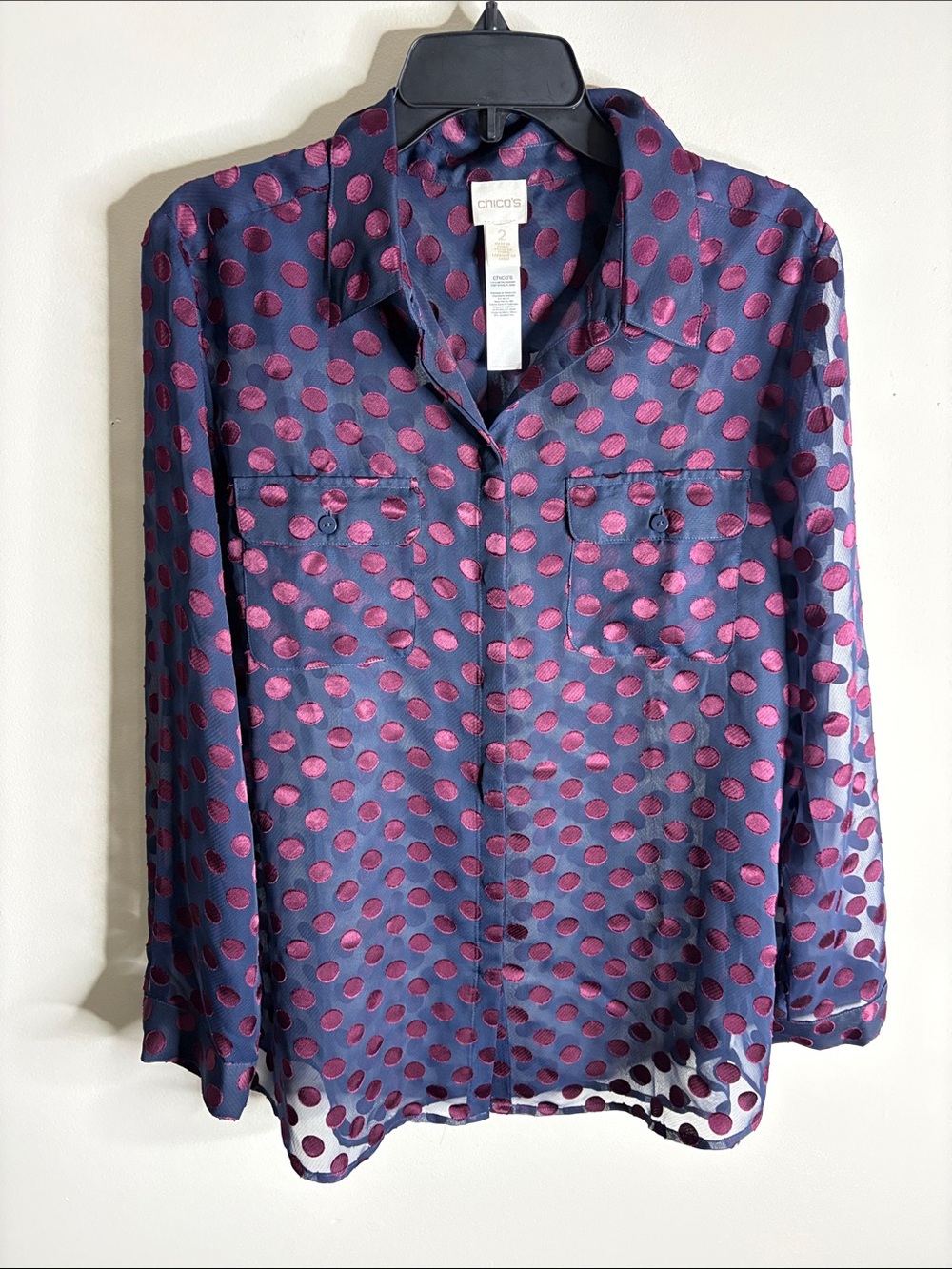 Chico's Navy Button-Front Blouse with Burgundy Polka Dots